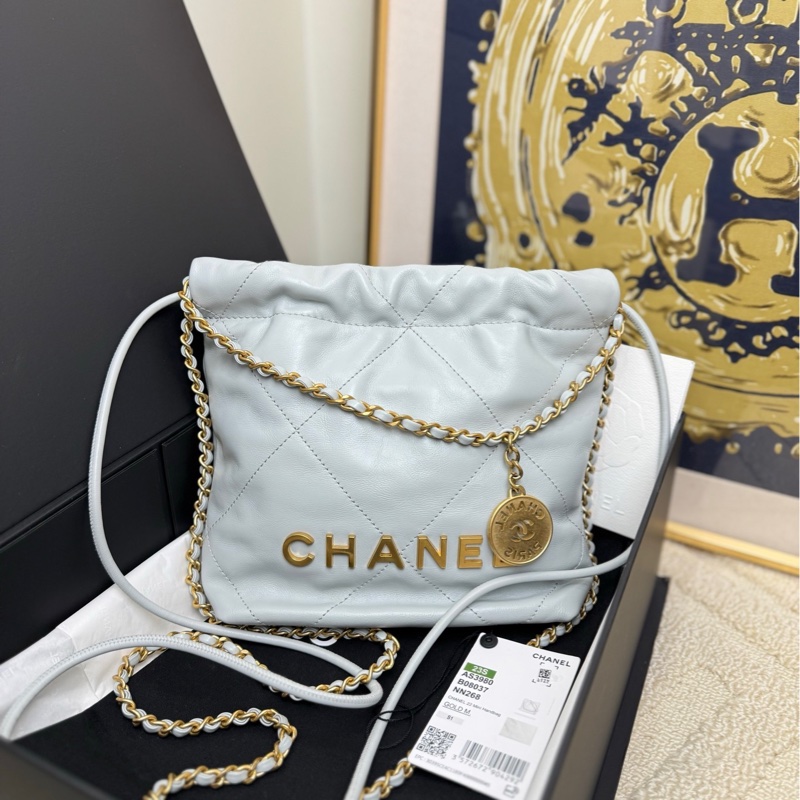 【全❤️全套有票】Chanel 22Bag mini baby藍金扣牛皮垃圾袋 手提包單肩斜挎包-0
