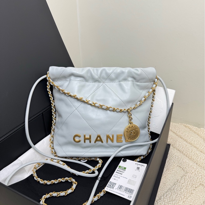 【全❤️全套有票】Chanel 22Bag mini baby藍金扣牛皮垃圾袋 手提包單肩斜挎包-1