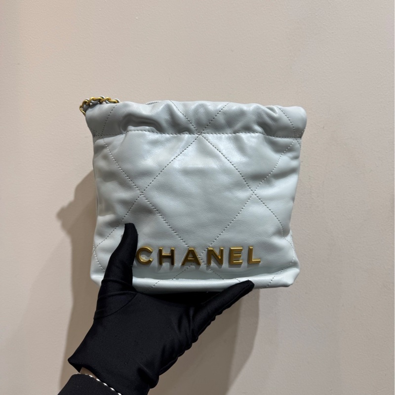 【全❤️全套有票】Chanel 22Bag mini baby藍金扣牛皮垃圾袋 手提包單肩斜挎包-2