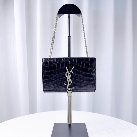 98新 聖羅蘭/Saint Laurent YSL KATE 凱特包小號黑色牛皮鱷魚紋銀色流蘇鏈條單肩斜背包17*12*5cm