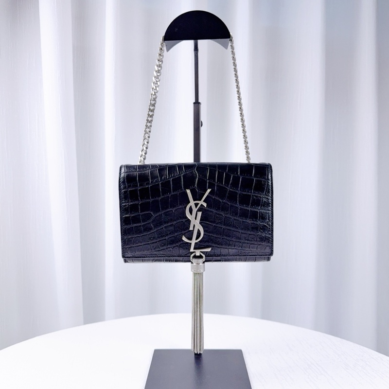98新 聖羅蘭/Saint Laurent YSL KATE 凱特包小號黑色牛皮鱷魚紋銀色流蘇鏈條單肩斜背包17*12*5cm-0