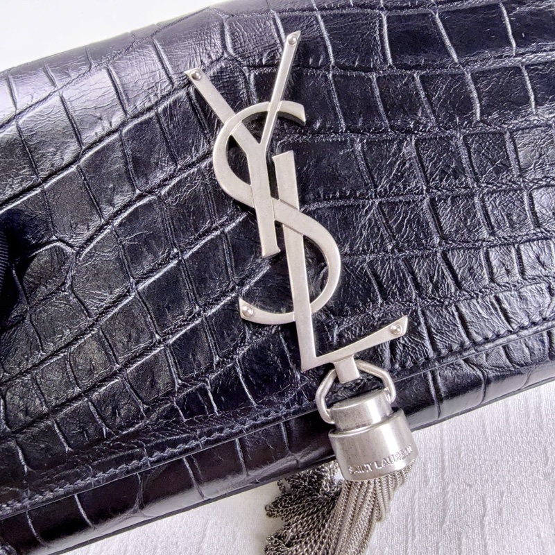 98新 聖羅蘭/Saint Laurent YSL KATE 凱特包小號黑色牛皮鱷魚紋銀色流蘇鏈條單肩斜背包17*12*5cm-6