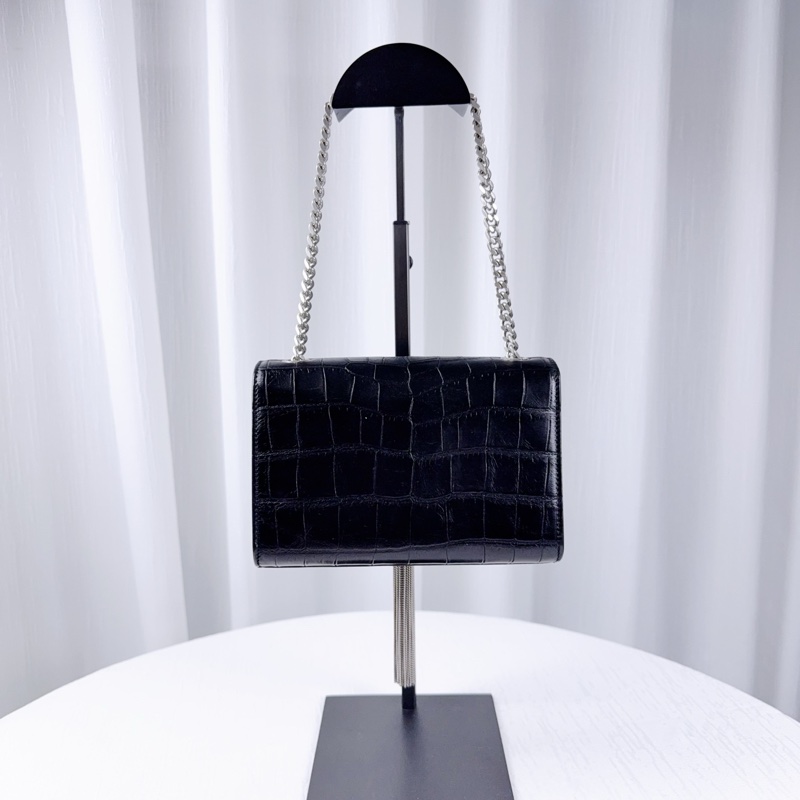 98新 聖羅蘭/Saint Laurent YSL KATE 凱特包小號黑色牛皮鱷魚紋銀色流蘇鏈條單肩斜背包17*12*5cm-11