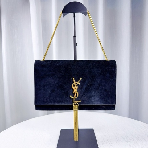 97新 聖羅蘭/Saint Laurent YSL KATE 凱特包中號黑色麂皮金色流蘇鏈條單肩斜背包 24x5x15cm