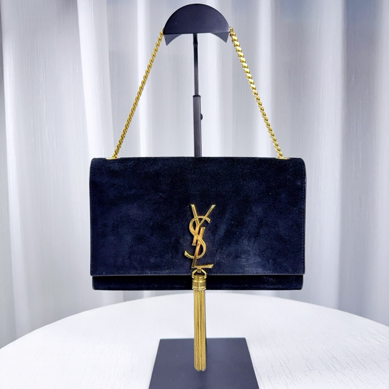 97新 聖羅蘭/Saint Laurent YSL KATE 凱特包中號黑色麂皮金色流蘇鏈條單肩斜背包 24x5x15cm-9