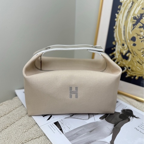 【全❤️】Hermes  飯盒包大號帆布包 米色帶灰色條紋 手提包