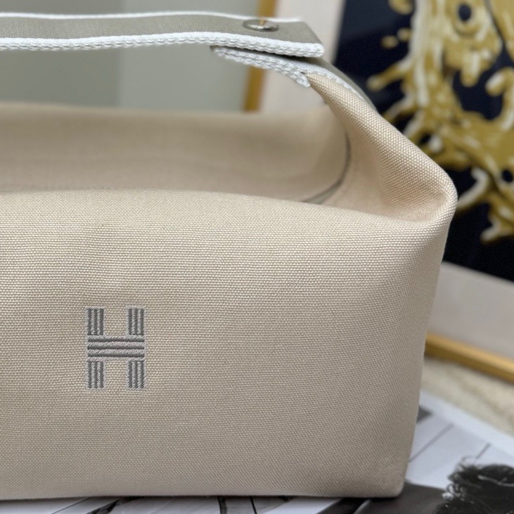【全❤️】Hermes  飯盒包大號帆布包 米色帶灰色條紋 手提包-5