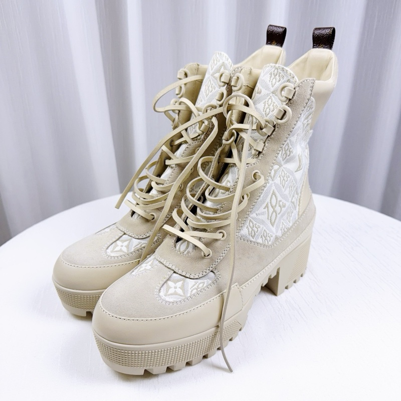 閒置新 路易威登/Louis Vuitton Loreate Jacquard Combat Boots 米色老花厚底軍靴馬丁靴 40碼-1