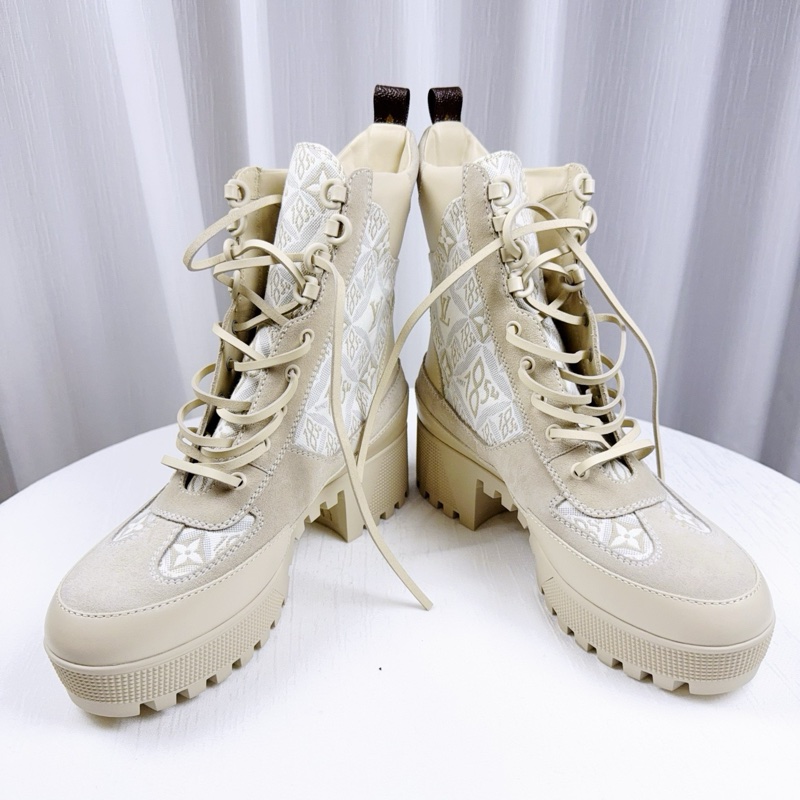 閒置新 路易威登/Louis Vuitton Loreate Jacquard Combat Boots 米色老花厚底軍靴馬丁靴 40碼-3