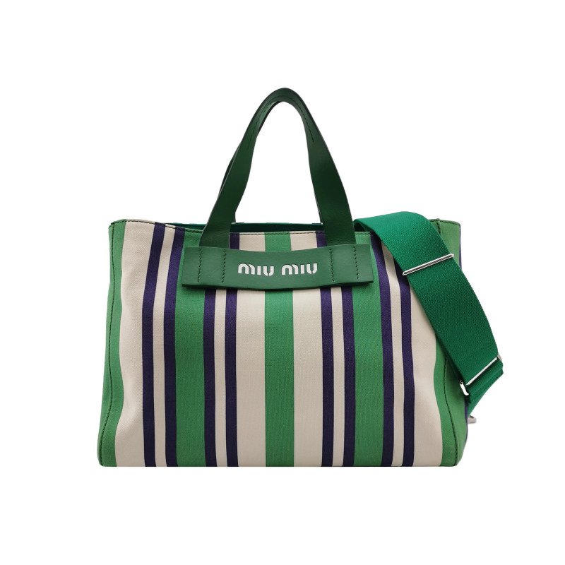 Miu Miu牛皮帆布撞色字母Logo斜挎包單肩包-0