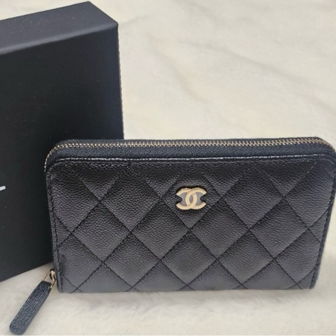 全新Chanel香奈兒經典黑金荔枝拉鍊中夾