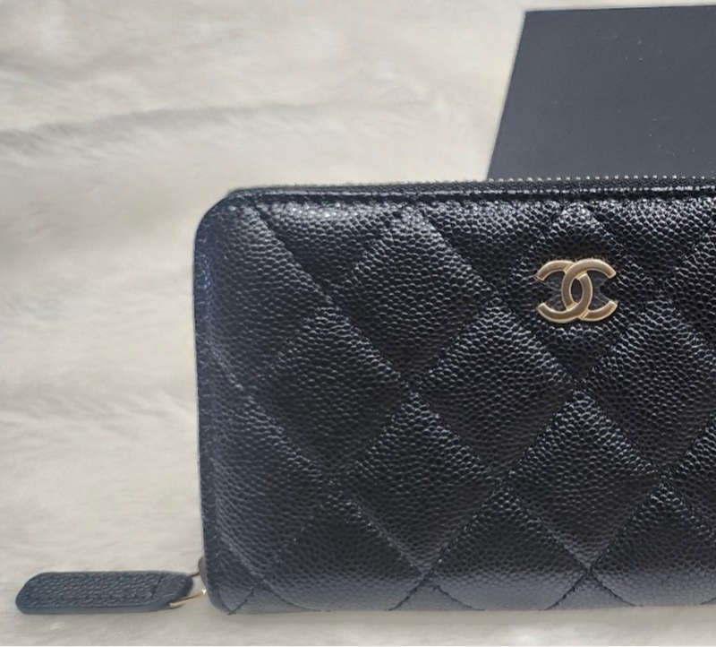 全新Chanel香奈兒經典黑金荔枝拉鍊中夾-2