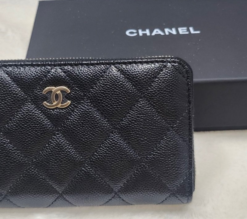 全新Chanel香奈兒經典黑金荔枝拉鍊中夾-3
