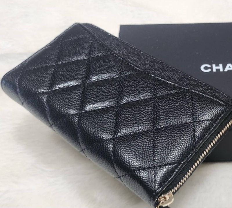 全新Chanel香奈兒經典黑金荔枝拉鍊中夾-4