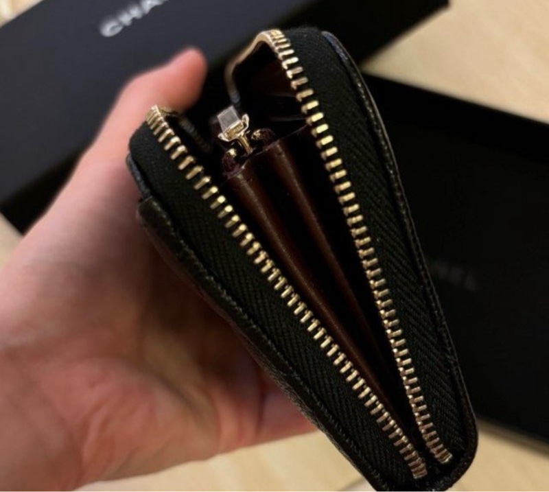 全新Chanel香奈兒經典黑金荔枝拉鍊中夾-6