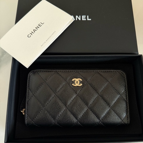 全新Chanel香奈兒經典黑金荔枝拉鍊中夾