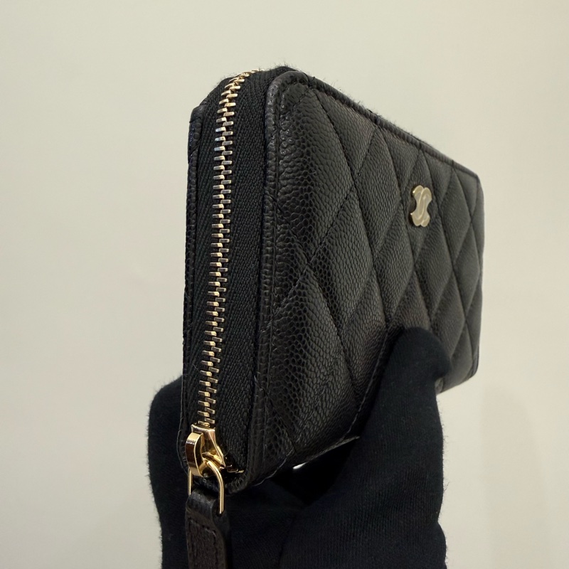 全新Chanel香奈兒經典黑金荔枝拉鍊中夾-8