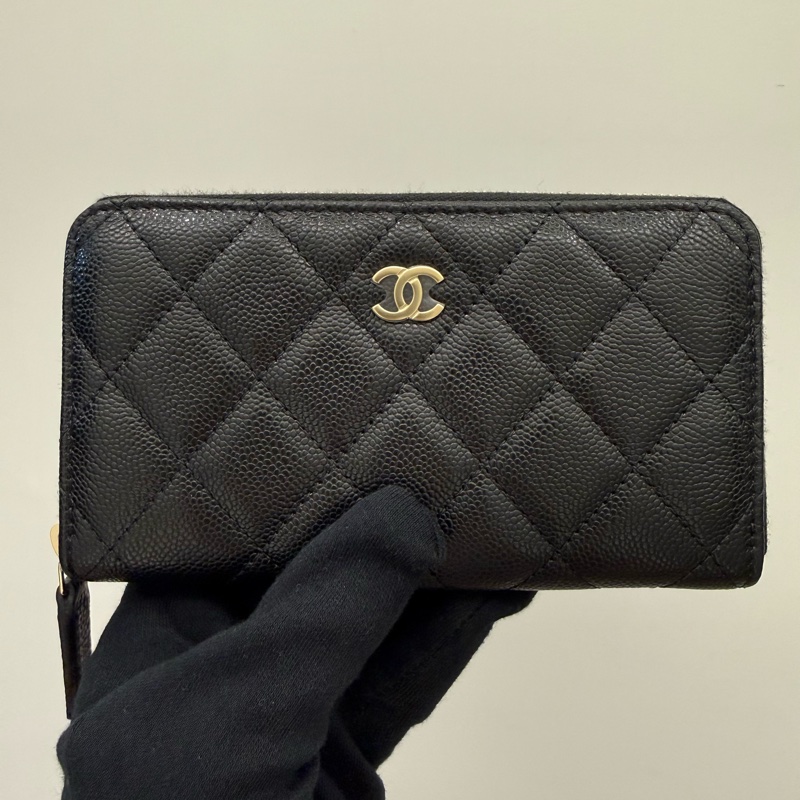 全新Chanel香奈兒經典黑金荔枝拉鍊中夾-10