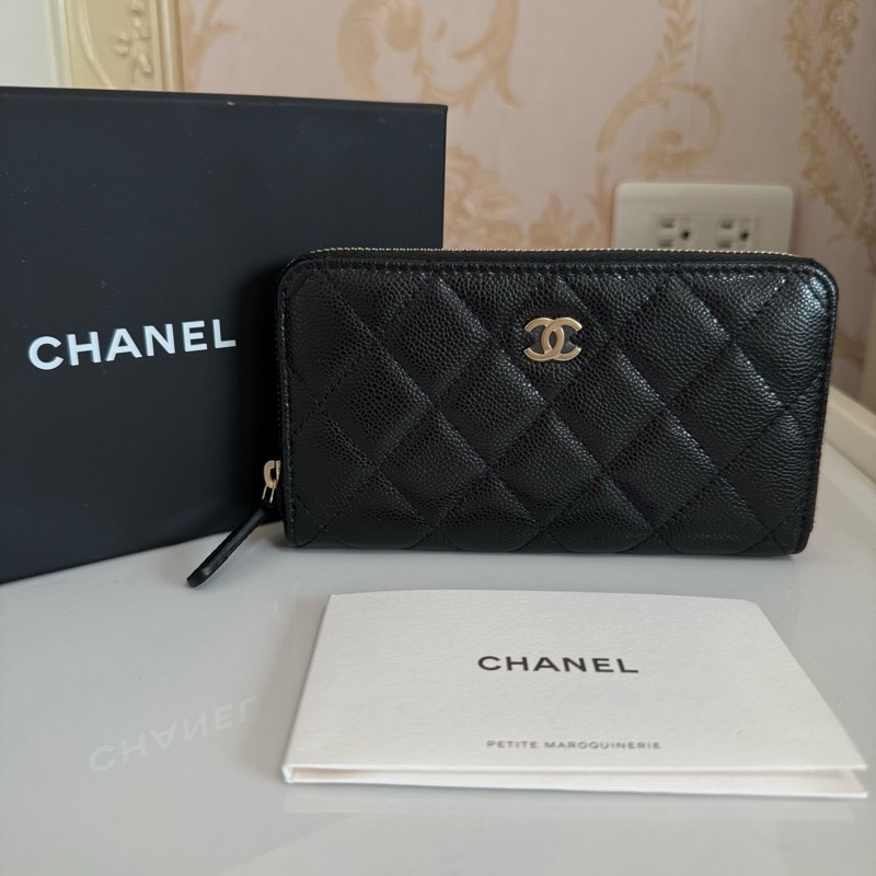 全新Chanel香奈兒經典黑金荔枝拉鍊中夾-0