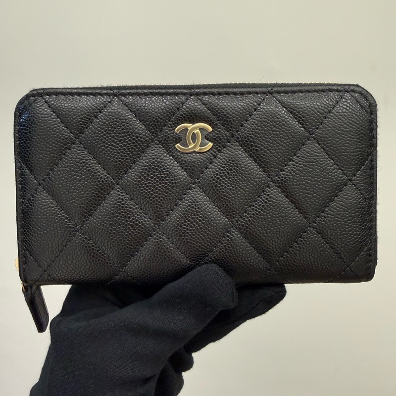 全新Chanel香奈兒經典黑金荔枝拉鍊中夾-6