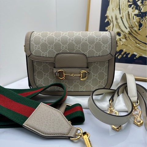 【89🆕】Gucci 1955mini小號斜挎包馬鞍包 淺灰色老花