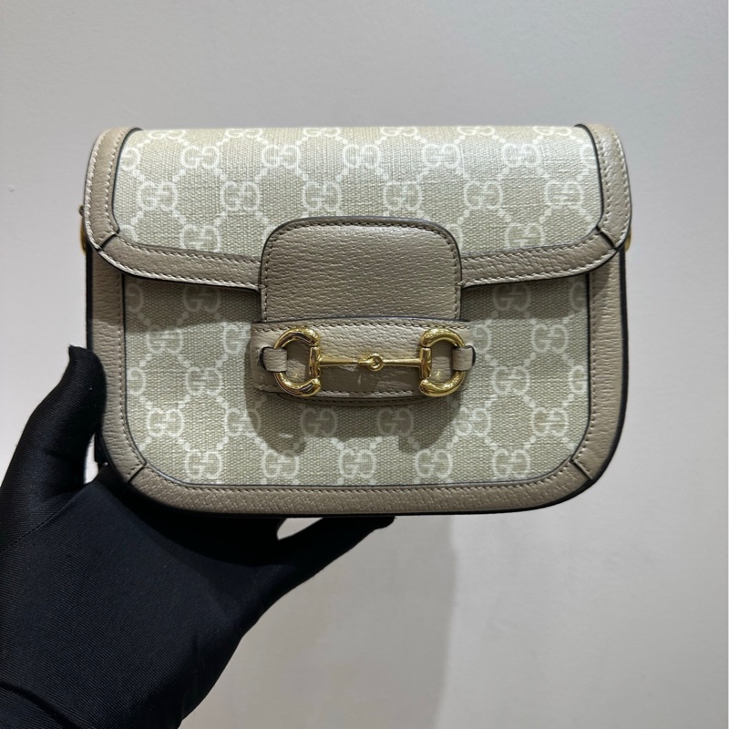 【89🆕】Gucci 1955mini小號斜挎包馬鞍包 淺灰色老花-2
