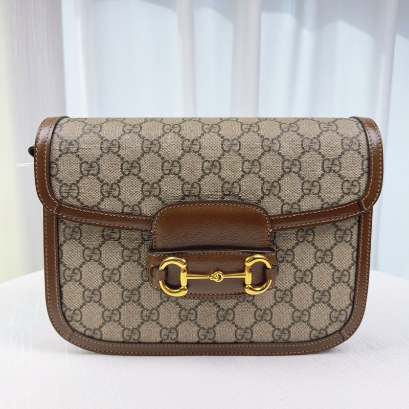 99新 古馳/Gucci 1955 Horsebit 塗層帆布拼牛皮金扣馬鞍包20x14.5x5cm-0