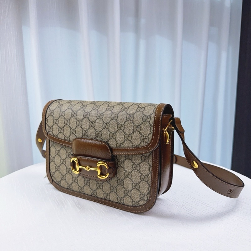 99新 古馳/Gucci 1955 Horsebit 塗層帆布拼牛皮金扣馬鞍包20x14.5x5cm-2