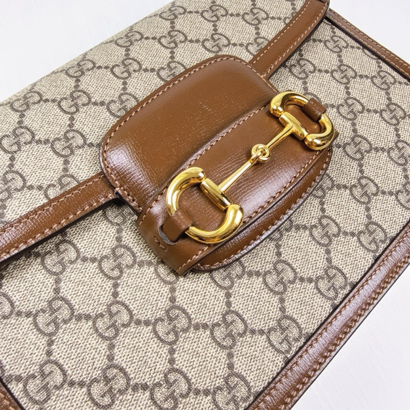 99新 古馳/Gucci 1955 Horsebit 塗層帆布拼牛皮金扣馬鞍包20x14.5x5cm-4