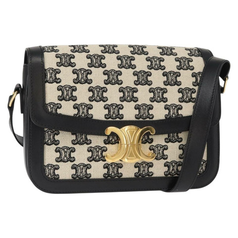 CELINE Teen Triomphe 肩背包 皮革帆布 黑色 白色 正品 BA8997M