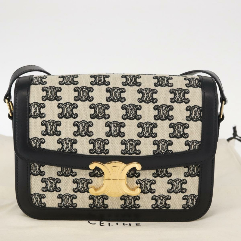 【日本直送】CELINE Teen Triomphe 肩背包 皮革帆布 黑色 白色 正品 BA8997M-11