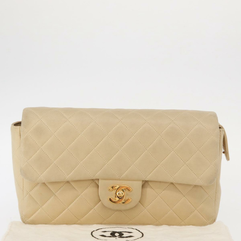 【日本直送】香奈兒 (CHANEL) 絎縫羊皮肩包 米色 金色 CC 標誌 Auth 146557V-11
