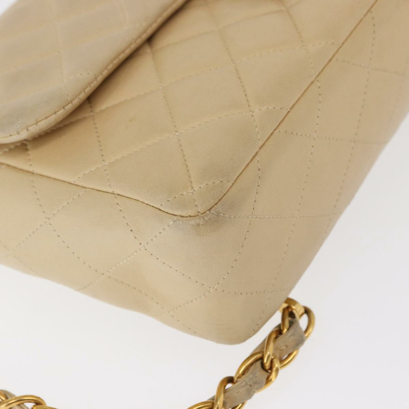 【日本直送】香奈兒 (CHANEL) 絎縫羊皮肩包 米色 金色 CC 標誌 Auth 146557V-14