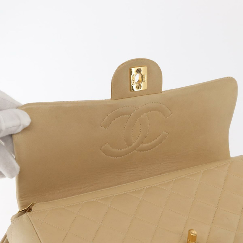 【日本直送】香奈兒 (CHANEL) 絎縫羊皮肩包 米色 金色 CC 標誌 Auth 146557V-20