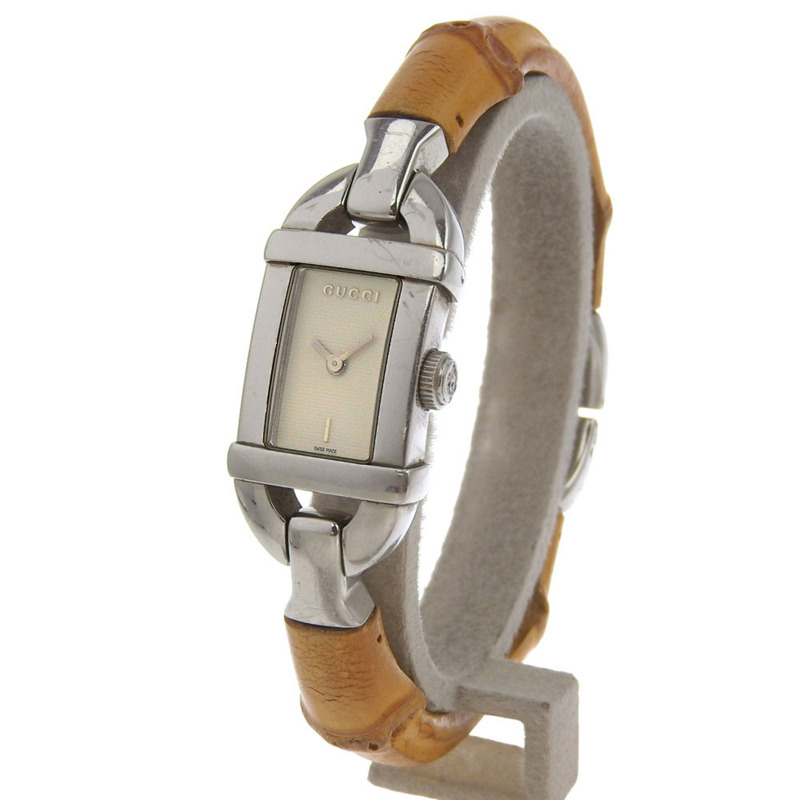 Gucci 6800L 女士不鏽鋼竹節石英腕錶，白色錶盤，指針式顯示-1