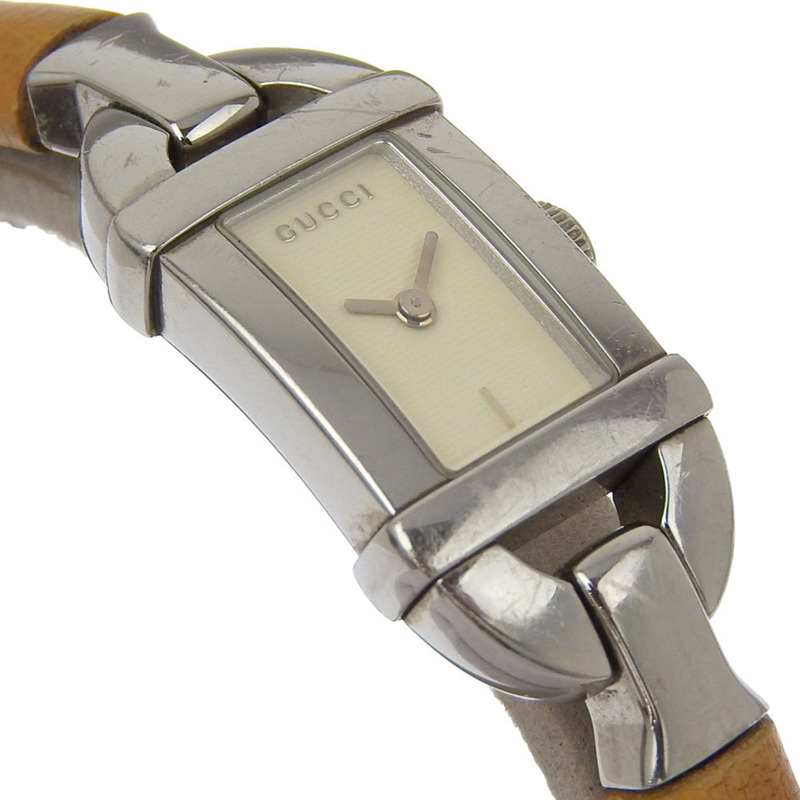 Gucci 6800L 女士不鏽鋼竹節石英腕錶，白色錶盤，指針式顯示-2