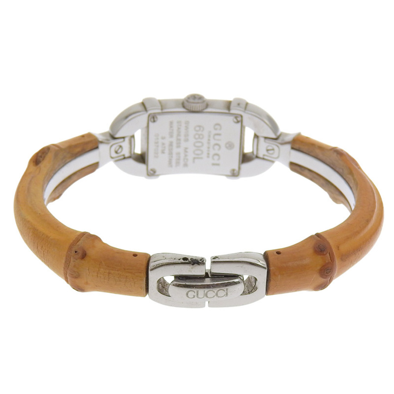 Gucci 6800L 女士不鏽鋼竹節石英腕錶，白色錶盤，指針式顯示-4