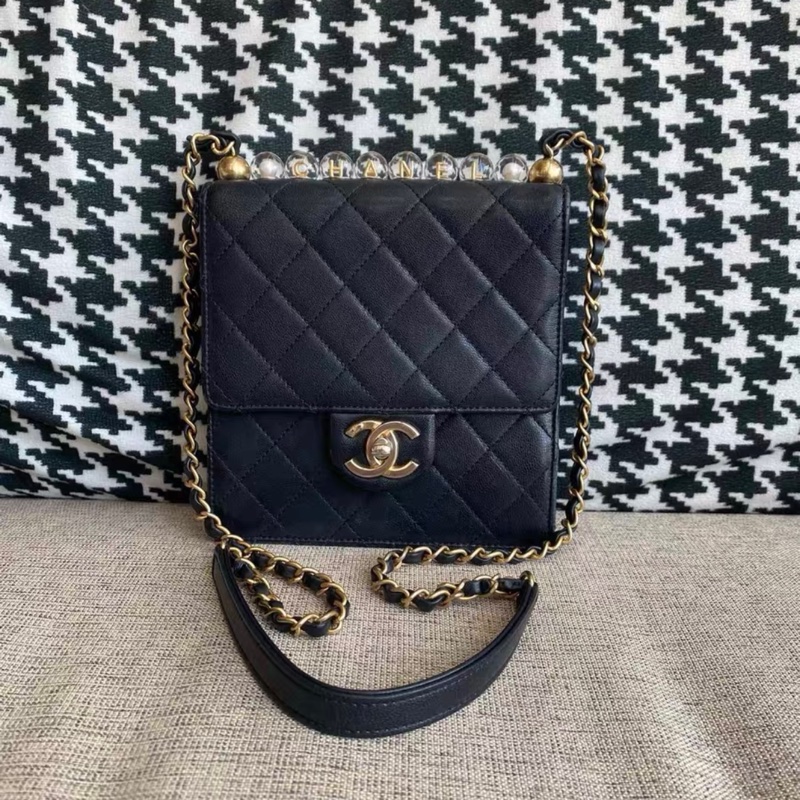 Chanel CF方形翻蓋小包 透明珍珠 黑金 85%New 全網最低價-0