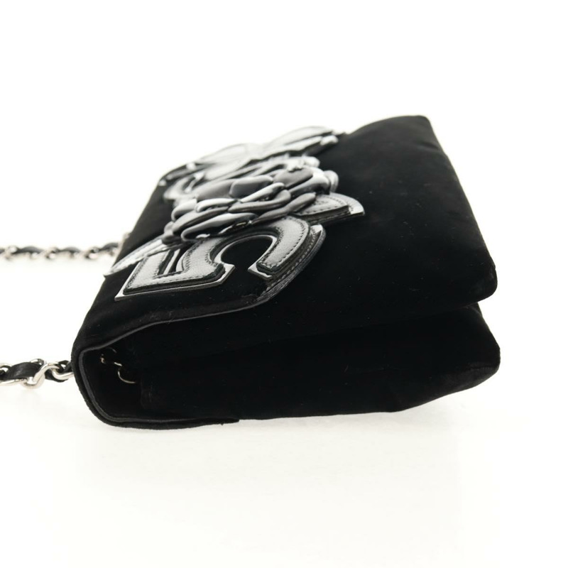 【日本直送】香奈兒 (CHANEL) 鏈條 COCO 標誌山茶花肩背包,絲絨材質,黑色,銀色雙C標誌,正品編號 149585V-2