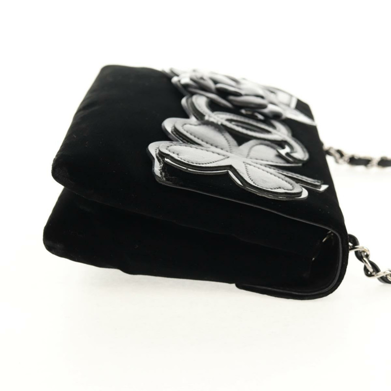 【日本直送】香奈兒 (CHANEL) 鏈條 COCO 標誌山茶花肩背包,絲絨材質,黑色,銀色雙C標誌,正品編號 149585V-3