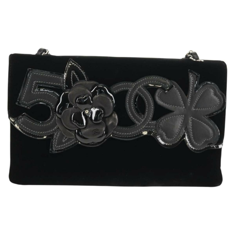 【日本直送】香奈兒 (CHANEL) 鏈條 COCO 標誌山茶花肩背包,絲絨材質,黑色,銀色雙C標誌,正品編號 149585V-12