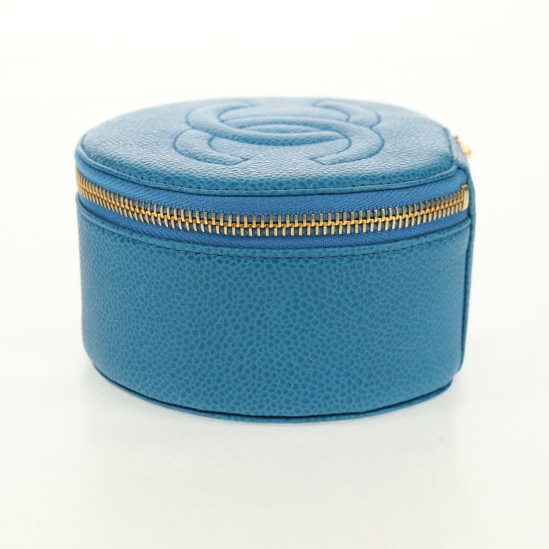 【日本直送】香奈兒 COCO 標誌珠寶盒 魚子醬皮 藍色金色 CC Auth 152911V-3