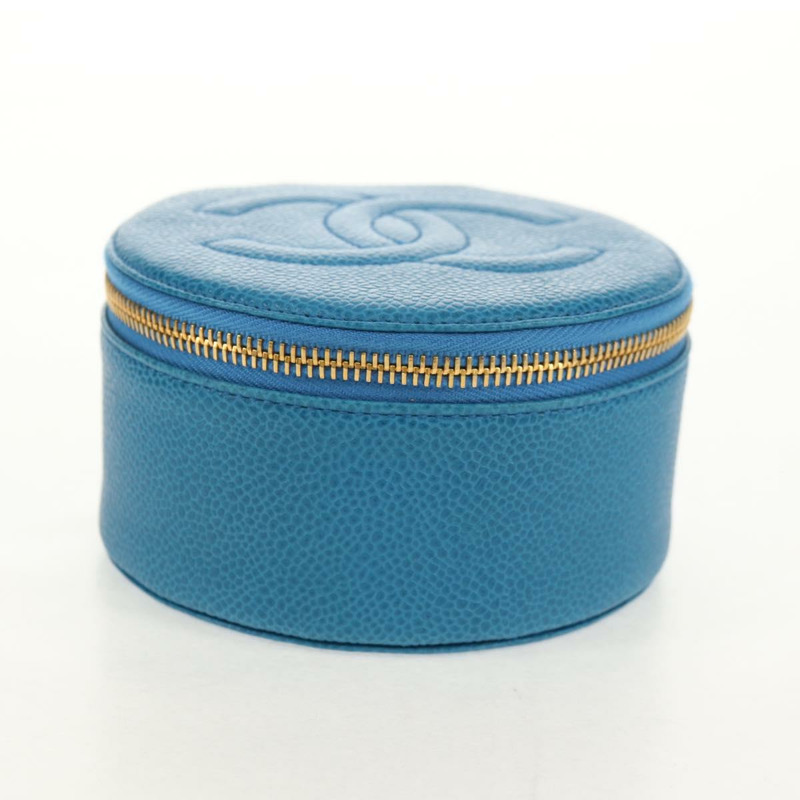 【日本直送】香奈兒 COCO 標誌珠寶盒 魚子醬皮 藍色金色 CC Auth 152911V-5