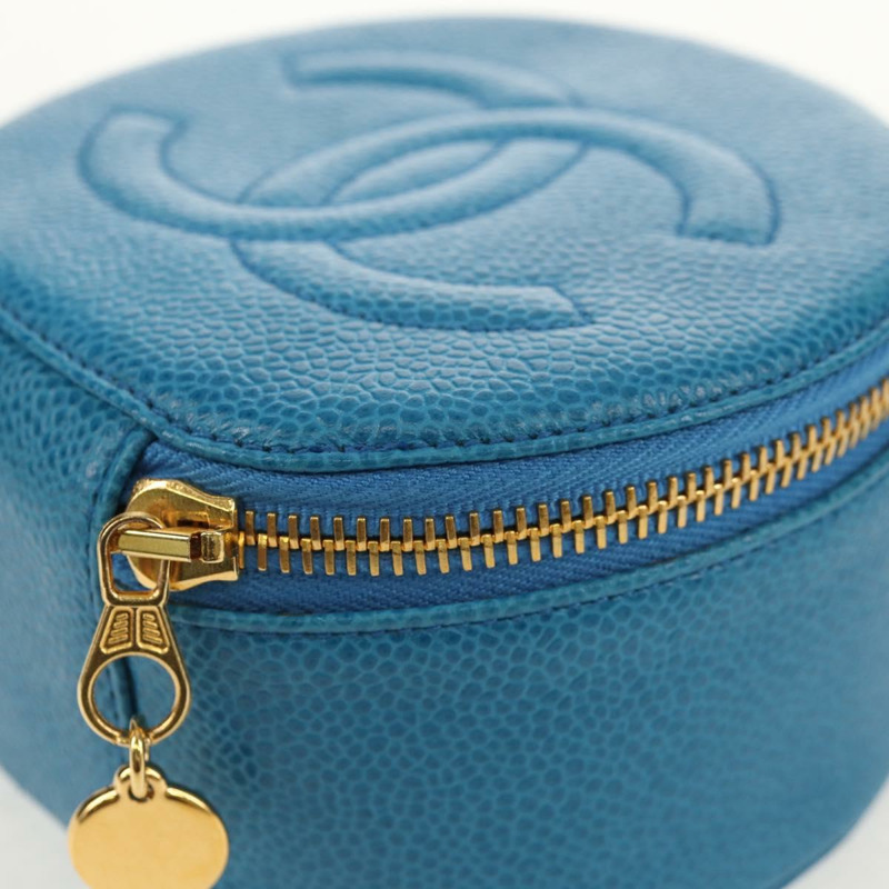 【日本直送】香奈兒 COCO 標誌珠寶盒 魚子醬皮 藍色金色 CC Auth 152911V-8