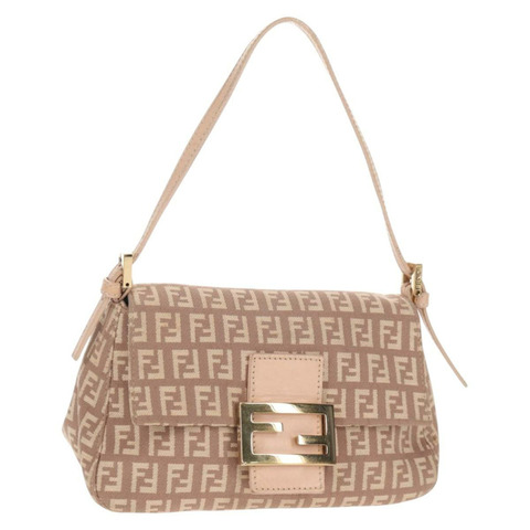 FENDI Zucchino 帆布迷你 Mamma Baguette 單肩包 粉紅色金色 正品 155455V