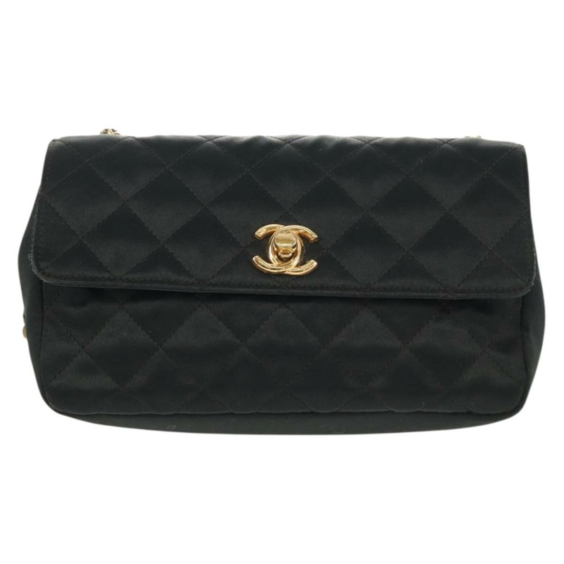 【日本直送】香奈兒 (CHANEL) 菱格紋鏈條肩背包，緞面黑色，金色雙C標誌，貨號 142989V-12