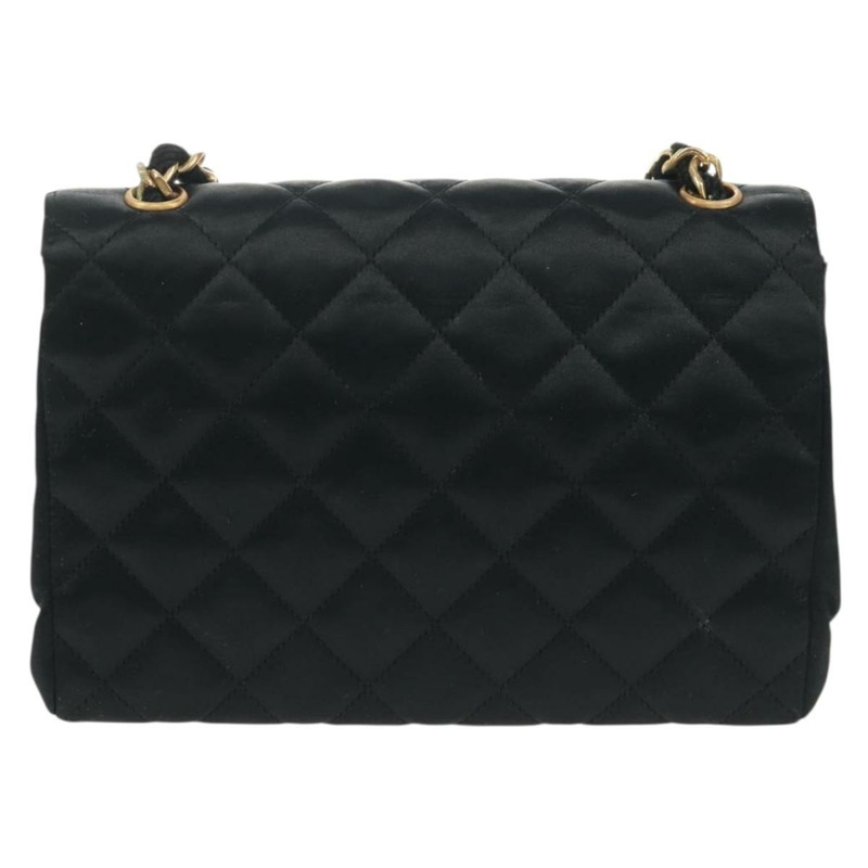 【日本直送】香奈兒 (CHANEL) 絎縫鏈條肩背包，緞面黑色，金色雙C標誌，正品編號 154932SAV-1