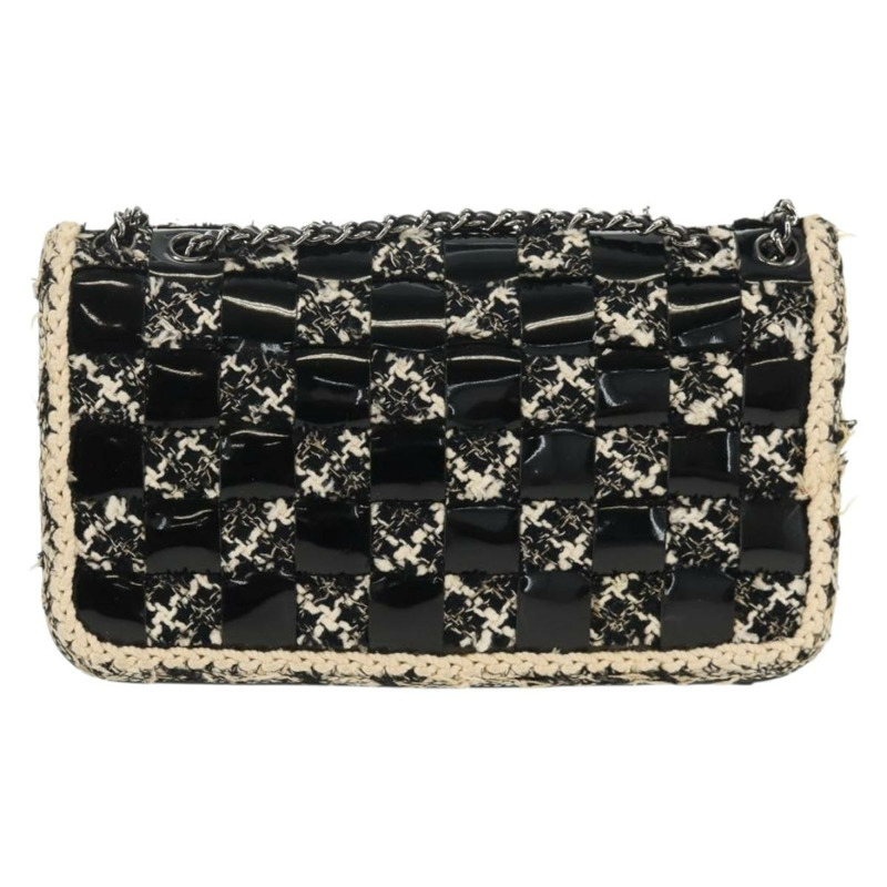 【日本直送】香奈兒鏈條肩背包,斜紋軟呢布料,黑色,銀色雙C標誌,正品編號154048V-1