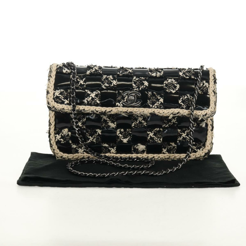 【日本直送】香奈兒鏈條肩背包,斜紋軟呢布料,黑色,銀色雙C標誌,正品編號154048V-11