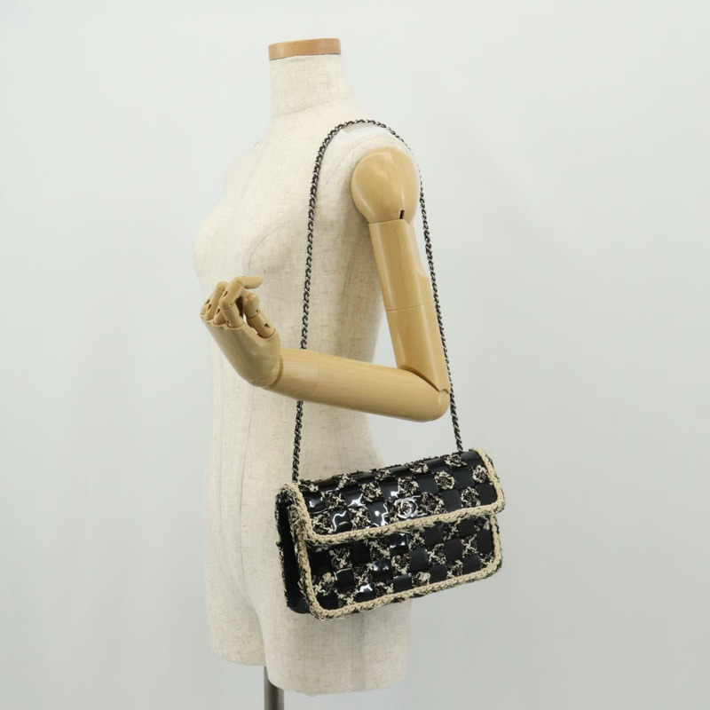 【日本直送】香奈兒鏈條肩背包,斜紋軟呢布料,黑色,銀色雙C標誌,正品編號154048V-25